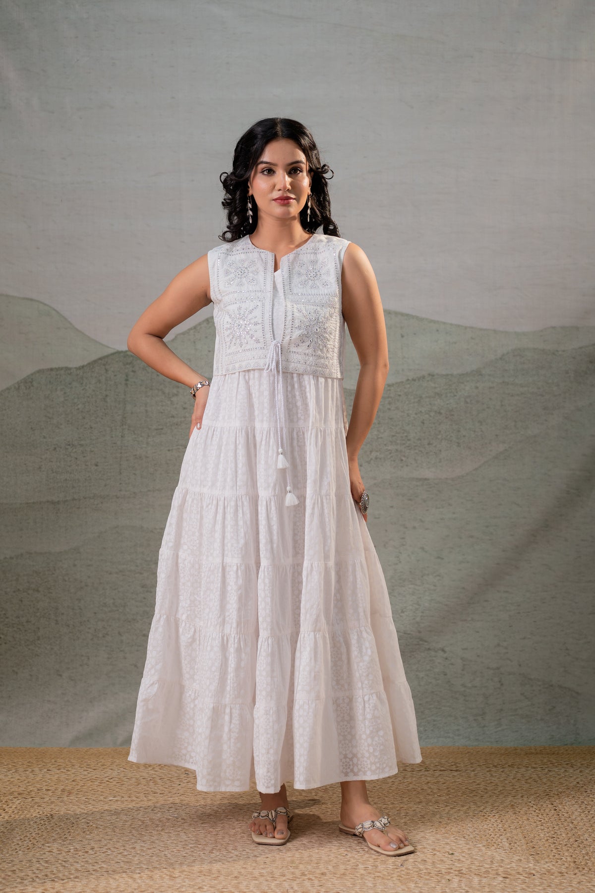 White Cotton Voile Tiered Maxi Dress with Embroidered Jacket