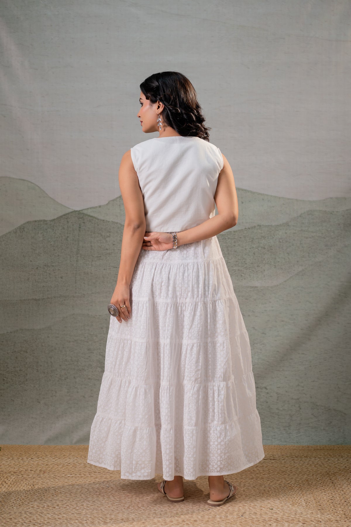 White Cotton Voile Tiered Maxi Dress with Embroidered Jacket