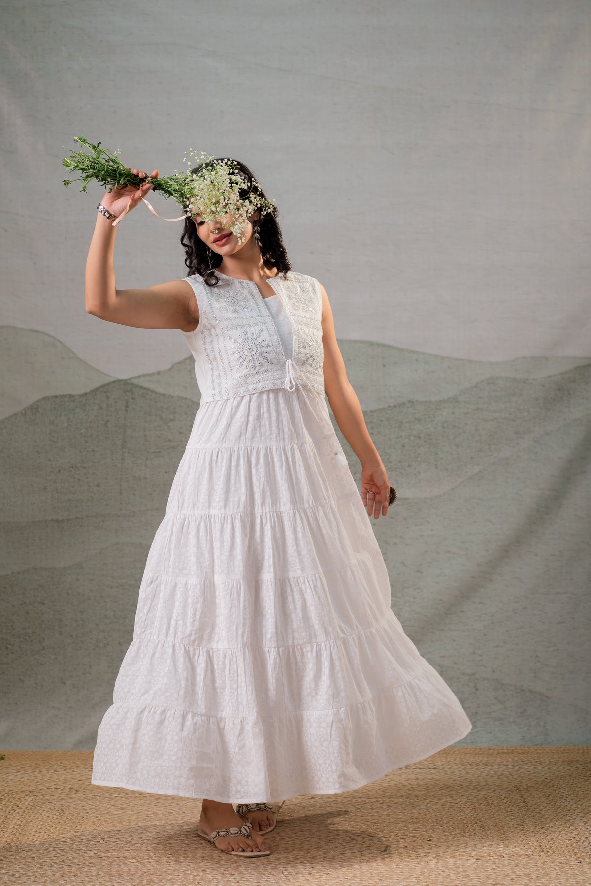 White Cotton Voile Tiered Maxi Dress with Embroidered Jacket