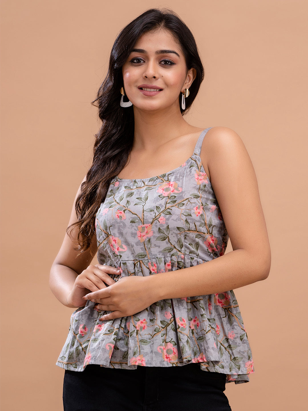 Floral Print Cotton Peplum Top