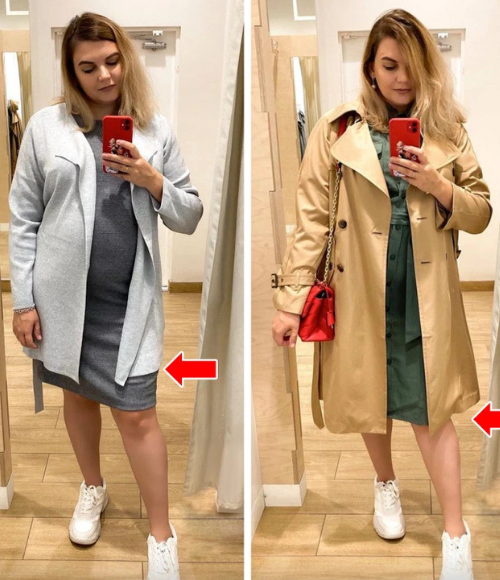 Putting on a dress or skirt that is longer than your coat.