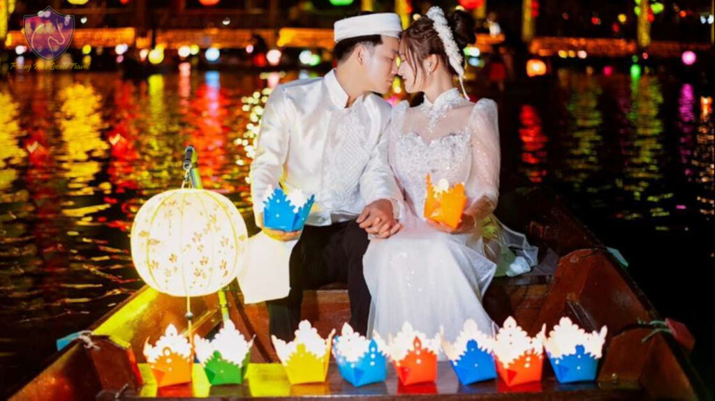 The Couple’s Exit on a Boat Covered in Lanterns