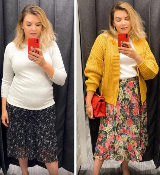 To conceal your belly, pull down your shirt.