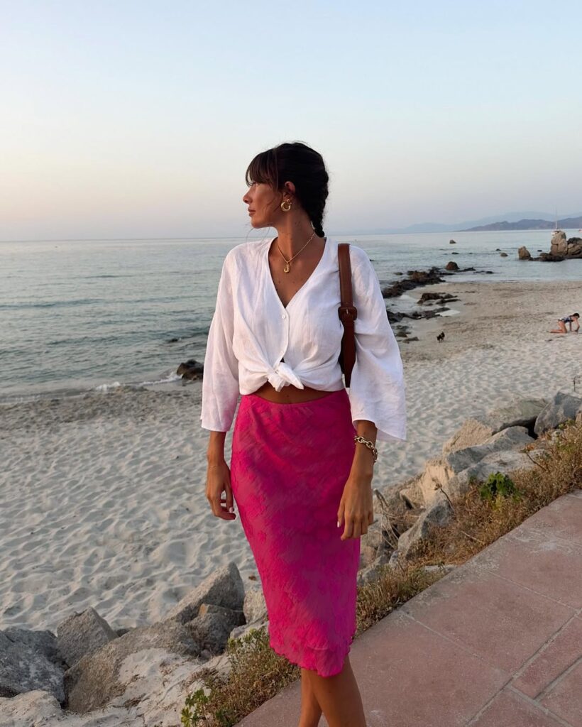White Linen Top & Hot Pink Skirt