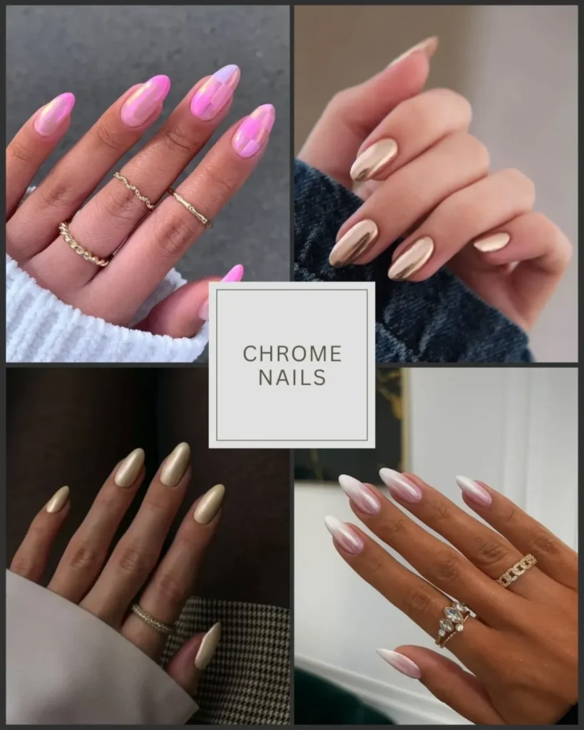 “Short nails with shiny chrome and metallic nail polish for a trendy reflective finish.”