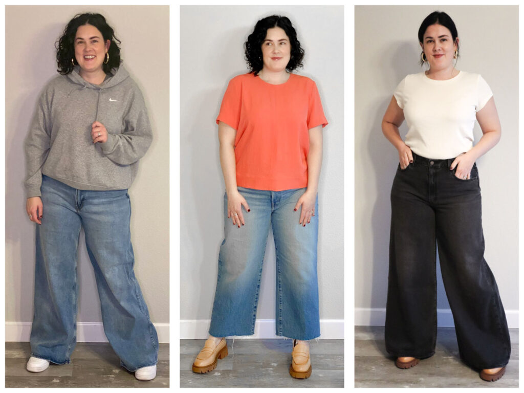 “Woman struggling to zip jeans that don’t fit her curves properly”